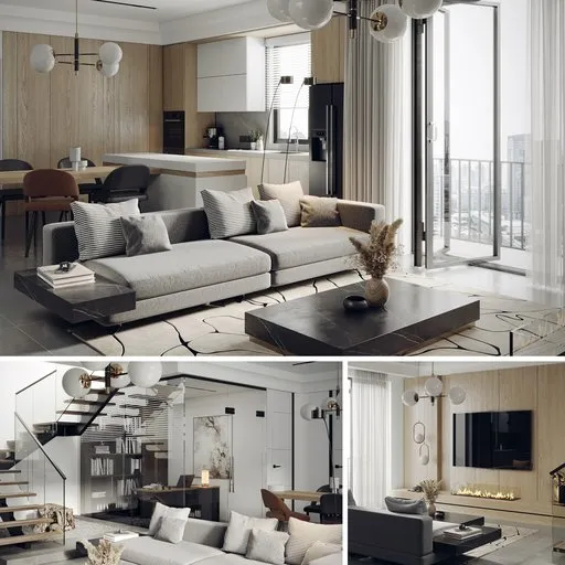 High-quality 3D modeled interior scenes featuring realistic materials on furniture, perfect for Blender 3D visualization and training.