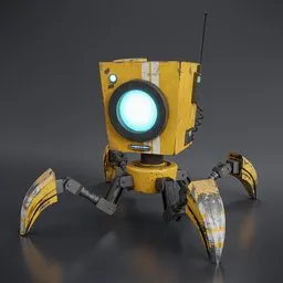 "AI-generated robot model with green headlight and yellow color scheme, designed for Blender 3D. This Quadrupedal robot serves as a communication device for relaying information within establishments or for long-distance communication. Ideal for game development and animation projects modeled after the character from the game Portal."