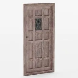 "Medieval wooden door for Blender 3D - low-poly game asset with glass window and dark damp atmosphere. Perfect for fantasy and historical settings with backroom background, wooden stairs, and tall broad oaks. 3D model with expensive design and light brown iris- Fig. 1."