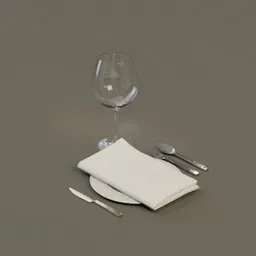 Realistic Blender 3D model featuring cutlery, wine glass, and napkin on a plate, suitable for dining scene visualizations.