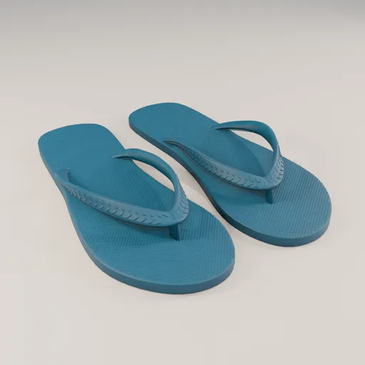 Blue 3D modeled flip-flops, realistic texture and design, suitable for rendering in Blender 3D.