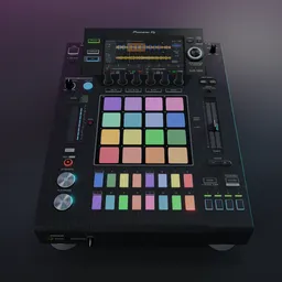 Detailed 3D model of a DJ mixer with touch screen and performance pads, compatible with Blender.