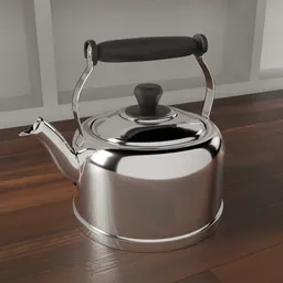 Realistic 3D model of a shiny metal kettle with a black handle, created using Blender.
