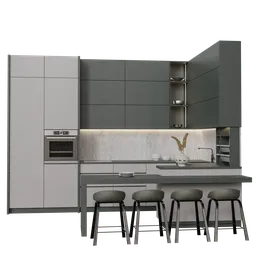 Detailed modern kitchen 3D model with appliances and bar stools, designed in Blender, featuring cycles render.