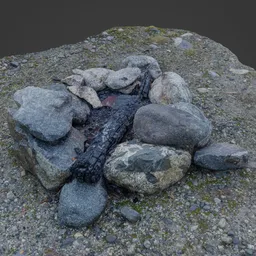 Realistic 3D model of a campfire pit with charred wood and stones, ideal for Blender 3D projects.