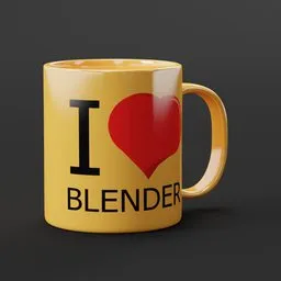 Yellow 3D modeled mug with "I Love Blender" design, created using Blender software.