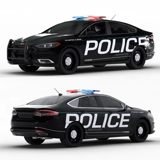 Detailed 3D model of rigged Ford Fusion police car with procedural shaders, ready for Blender animation.