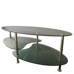 "Stylish futuristic glass table with chrome legs and two shelves, featuring art nouveau 3D curves and swirls. Perfect for modern interior design. Separated game asset by Alexander Stirling Calder available in Blender 3D."