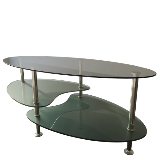 Detailed 3D rendering of glass coffee table with sleek chrome supports, ideal for Blender 3D modeling projects.