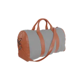 "Blender 3D model of a spacious leather and fabric bag with a sturdy strap, featuring grey and orange colors and spiral patterns. Ideal for game design and product photography, rendered using Daz3D Genesis Iray shaders. Image showcases a dark, sepia-toned shading with a hook ring and generous capacity."