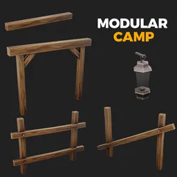 Alt text: "Stylized modular support cave for agriculture in Blender 3D, featuring wooden frames, polygonal walls, and mossy ruins. A unique concept designed by Muqi with a groovival aesthetic, including camp and scenario assets. Made for Uvula Studio, but now available for use."