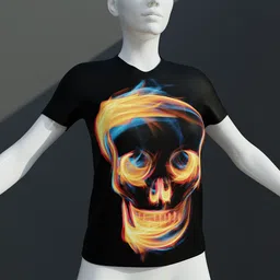 3D rendered female mannequin showcasing a graphic tee with vibrant flaming skull design, suitable for Blender.