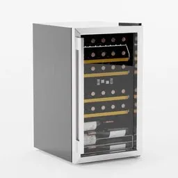 Alt text: "3D model of a wine refrigerator showcasing a collection of bottles. Created using Blender 3D software, this household appliance adds elegance to any space. Perfect for virtual interior design projects and Blender enthusiasts."