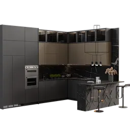 Detailed 3D Neoclassical kitchen model in black, showcasing modern appliances and furniture with Blender 3.6 render.