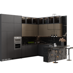 Detailed 3D Neoclassical kitchen model in black, showcasing modern appliances and furniture with Blender 3.6 render.