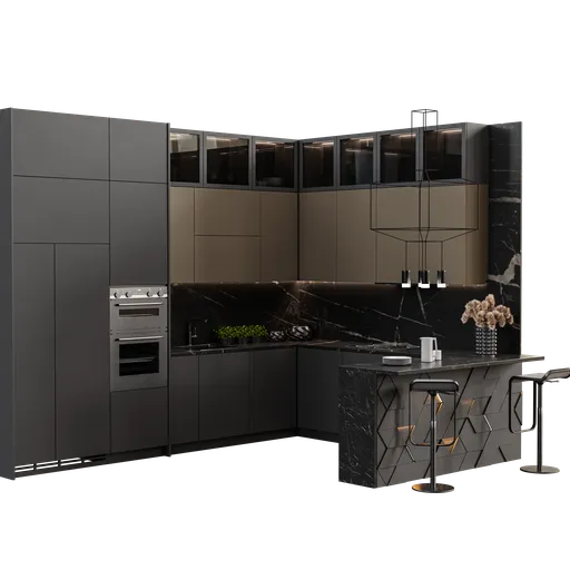 Detailed 3D Neoclassical kitchen model in black, showcasing modern appliances and furniture with Blender 3.6 render.