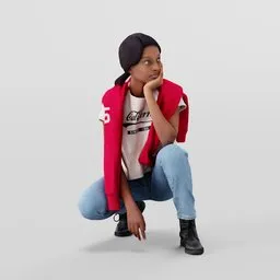 Stylish crouching female 3D model with red hoodie, jeans, and thoughtful pose for Blender rendering.