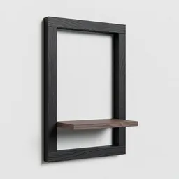 "Small Shelf 3D model for Blender 3D - Perfect for living room or bedroom decor. Unique mirrored-edge style inspired by Kōno Bairei, da Vinci, and JMW Turner. Rendered image shows dark slate gray wall with wood cabinet and multiple shelves for a stunning organizational display."
