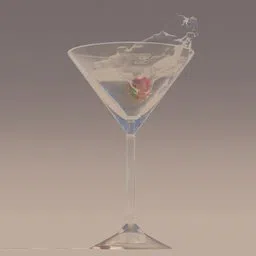 Realistic 3D-rendered martini in a clear glass with dynamic strawberry splash, BlenderKit materials used.