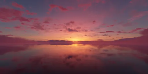 Vivid pink clouds and sun reflection over tranquil water perfect for HDR lighting in 3D scenes.