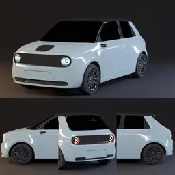 "Exterior model of the Honda e 2020 with a white body and black roof, created in Blender 3D. This electric car features a futuristic design with bright, luminous details and a photorealistic finish. Get ready to take a closer look at this 3D modeling concept sheet that captures the essence of the "electric boy" with its sleek lines and captivating design."