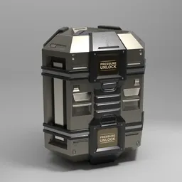 Detailed sci-fi hexagonal crate for 3D rendering, Blender compatible, futuristic storage box design.