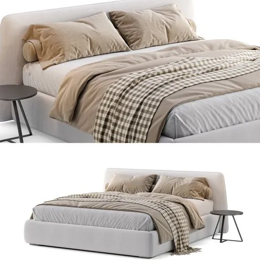 Detailed 3D model of a modern bed with pillows, blanket, and side table, ready for Blender Cycles rendering.