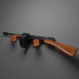 Detailed 3D rendering of a vintage Tommy Gun with wooden stock and grip, compatible with Blender.