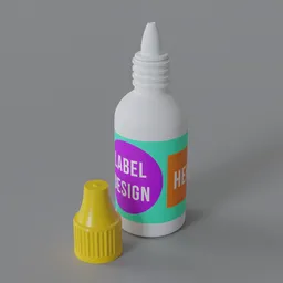 "Pharmacy plastic dropper bottle with customizable label 3D model in Blender. High-quality hyperreal design with smooth shading techniques. Ideal for first aid kit, anaesthetic, or medical-themed projects."