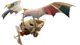 Intricate 3D Blender model of a wooden flying boat with detailed textures and whimsical design, ideal for game development.