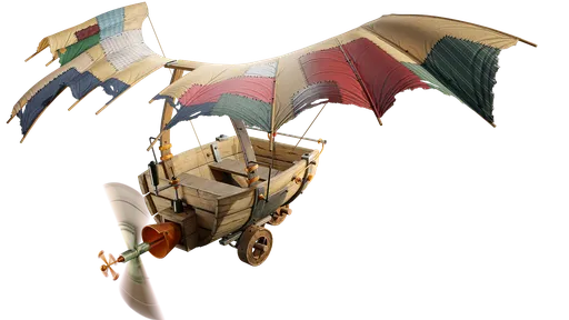 Intricate 3D Blender model of a wooden flying boat with detailed textures and whimsical design, ideal for game development.