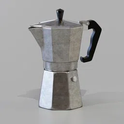 Highly detailed Blender 3D Moka pot model with realistic textures and materials, suitable for close-up renders.