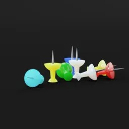 "Colorful Drawing Pin Pile 3D Model for Blender 3D: Inspired by Carl Frederik von Breda, featuring plastic objects with spikes and piercings on a black surface. Perfect for stationery and promotional renders."