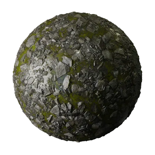 High-resolution PBR Blender 3D material texture of wet, mossy rocky ground suitable for photorealistic terrain rendering.