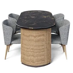 3D rendered oval dining table with chairs, natural textures, optimized for Blender Eevee and Cycles.