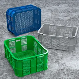 "Lowpoly plastic fruit and vegetable basket for industrial use in a blue and green color scheme. Highly-detailed model with rounded corners and hard rubber chest, ideal for Blender 3D rendering and simulation."