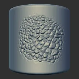 Detailed reptilian skin effect by 3D sculpting brush on a cylindrical model surface.