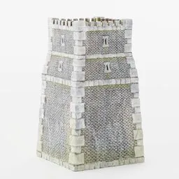 "Low-poly historic castle tower or fort 3D model with 2k PBR textures, perfect for game development in Blender 3D. Baked textures depict real porcelain and brick textures with battlements and a clock on top. Additionally inspired by artforum, Scandinavian design, and the Ashmole Bestiary."