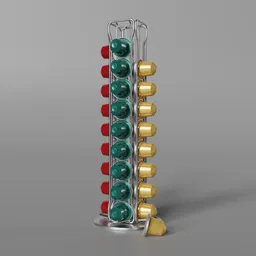 "3D model of a brass plated Nespresso Coffee Pod Holder Capsules Storage Stand, designed in Blender 3D software. High quality product image showcasing dynamic pearlescent teal light and Fibonacci composition. Perfect for coffee enthusiasts looking for an elegant and practical storage solution."