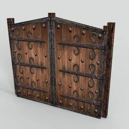 "Realistic historic fortress gate with wooden and metal details, inspired by Milton Menasco and Kanye West, modeled in Blender 3D. Perfect for game design and historical visualizations."