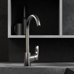 Realistic 3D-rendered chrome kitchen faucet model for Blender, high detail for architectural visualization.