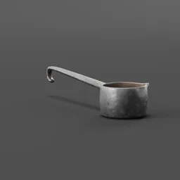 "Metal saucepan with handle on gray surface. Ideal for kitchen decor in Blender 3D restaurant/bar scenes. 3D model "Pot 2" from BlenderKit."
