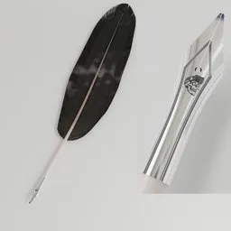 Detailed 3D rendering of a dark feather quill pen, optimized for Blender with intricate skull emblem design.