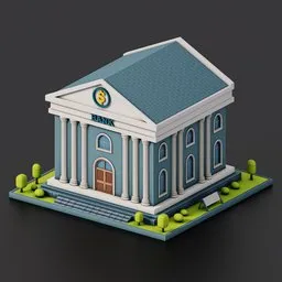 Low poly 3D model of a stylized anime-style bank with trees, bush, and Greek column details, designed for Blender.