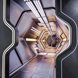 "Explore the futuristic spacecraft hallway of the Sci-Fi Corridor Hexagon 3D model for Blender. This modular structure features hidden portals, glowing heating coils, and multiple doorways. Perfect for stunning visualizations and advertising renders."