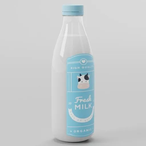Realistic Blender 3D render of a sealed, labeled milk bottle, ideal for CGI projects and virtual product showcases.