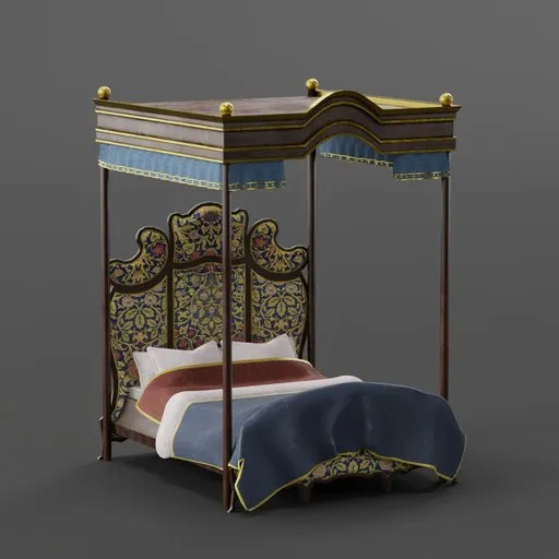 Detailed 3D model of an ornate canopy bed with intricate patterns designed for Blender rendering.