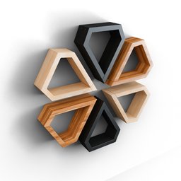 "Game ready book case with four wooden shelves arranged in a circular shape. Symmetrical sticker design featuring hexagons and black butterflies, inspired by artist Andrey Ryabovichev and Mustafa Rakim's trending tech art. Perfect for Blender 3D modeling."