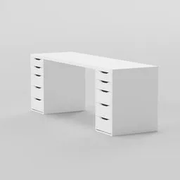 Minimalist white IKEA-style computer desk 3D model with multiple drawers, designed for Blender rendering.