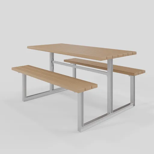 Detailed 3D model of a wooden and metal outdoor seating and table set, designed for Blender rendering.
